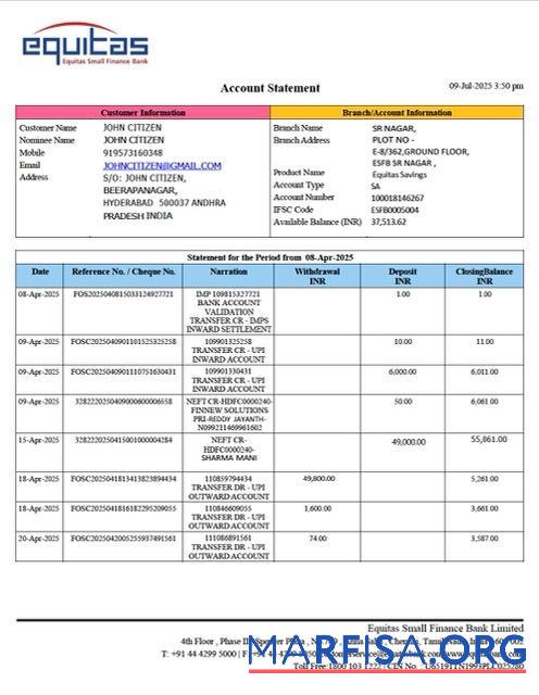 Downloadable India Equitas Small Finance bank account statement word example